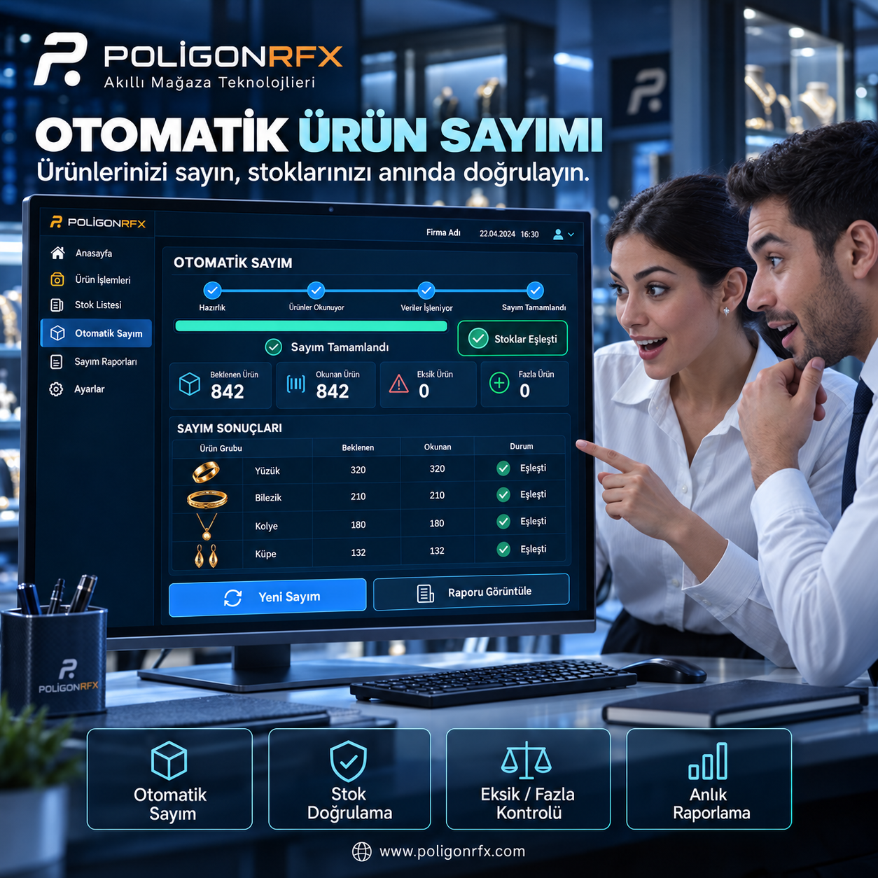 PoligonRFX RFID otomatik ürün sayımı ve kuyumcu stok kontrolü